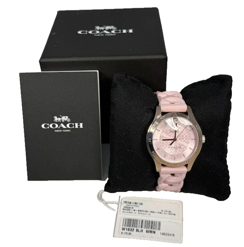 Coach Maddy Watch, 34mm Gold Tone Case Pink Signature Rubber Strap, W1632